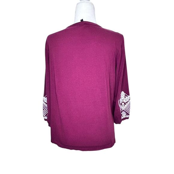 J. Crew Maroon Embroidered Tie Neck Tencel Cotton 3/4 Sleeve Tunic Top - Picture 4 of 8